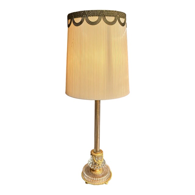 Vintage Mid-Century American Neoclassical Glass & Stamped Brass Table Lamp – With Custom Pleated Hard Plastic Shade For Sale