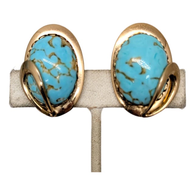 Vintage 1950s Signed Napier Goldtone Cabochon Faux-Turquoise Clip Earrings-2 Pieces For Sale