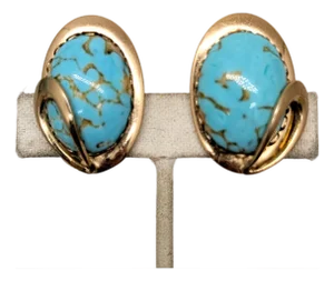 Vintage 1950s Signed Napier Goldtone Cabochon Faux-Turquoise Clip Earrings-2 Pieces