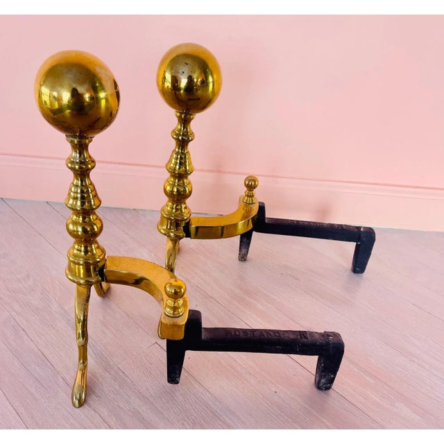 Traditional Antique Rostand Canonball Brass Fireplace Andirons For Sale - Image 3 of 4
