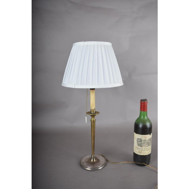 Vintage Brass Table Lamp, Worn Silver-Tone Finish, Pleated Shade, 1940s For Sale - Image 6 of 7
