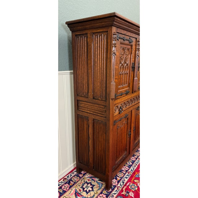 Antique French Gothic Linen Altar Wine Storage Cabinet Bookcase Bar Liquor Oak For Sale - Image 16 of 18