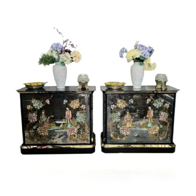 Rare Vintage Oversized Chinoiserie Emperor Verre Eglomise Black Mirrored Brass Painted 4 Drawer Chests Commodes- A Pair For Sale - Image 17 of 18