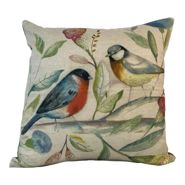 16" Square Decorative Toss Pillow Adorned With a Pair of Colorful Birds Among Flowers and Foliage - Made in the U K For Sale