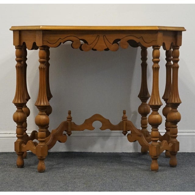Wood Vintage Antique Mediterranean Revival Old World Black Walnut & Pecan 36" Accent Table W. Intricate Turned Baluster Legs For Sale - Image 7 of 8