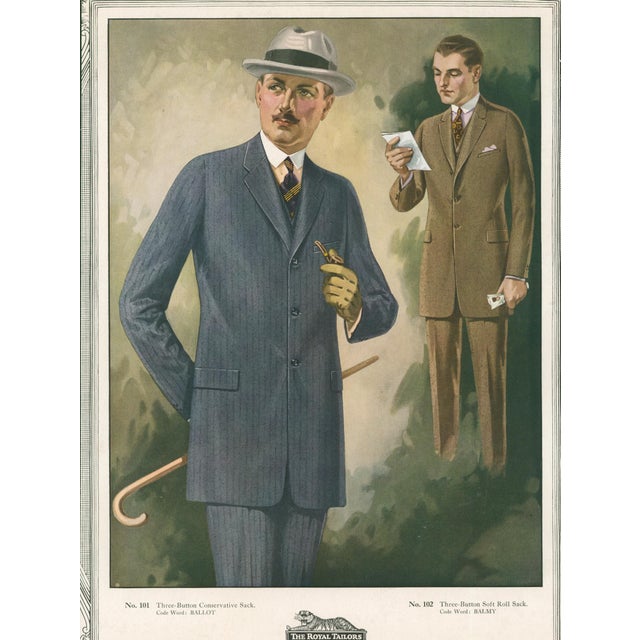 Original vintage men’s fashion advertising plate from The Royal Tailors, 'In 10,000 Cities.' Features No. 101, a three-...
