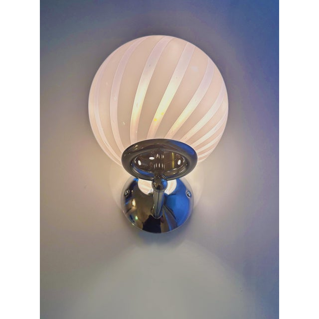 Contemporary milky-white and Pink swirl“Rods” Murano Glass Wall Sconce. Luxury modern milky-white sphere with pink swirl...