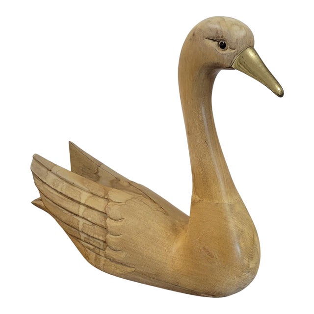 Italian Mid-Century Modern Hand-Carved Wooden Swan With Brass Beak, C. 1960s–70s For Sale