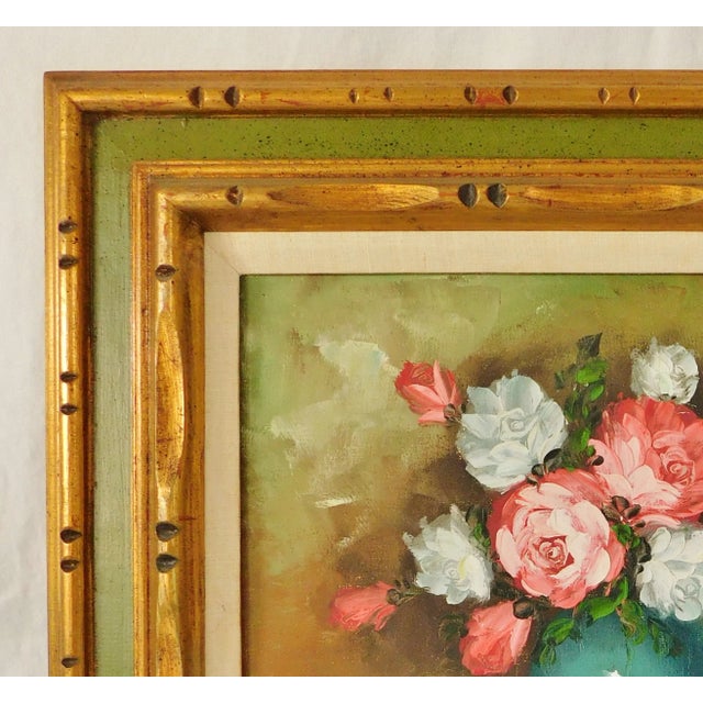 Mid 20th Century Vintage Mid Century Signed Floral OIl Painting Solid Wood Green & Gold Frame For Sale - Image 5 of 12