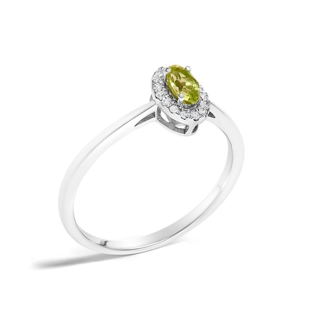 10K White Gold 5X3MM Oval Green Peridot and Diamond Accent Halo Ring (I-J Color, I1-I2 Clarity) - Ring Size 8 For Sale - Image 4 of 7