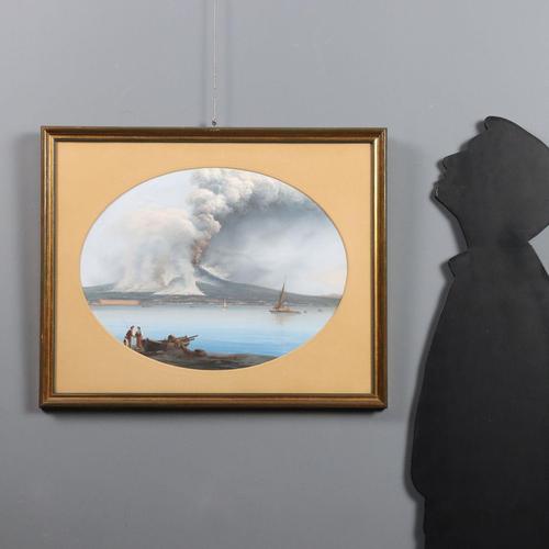 Gouache on cardboard. View of the Bay of Naples with Mount Vesuvius erupting, while the fishermen's lives continue as...