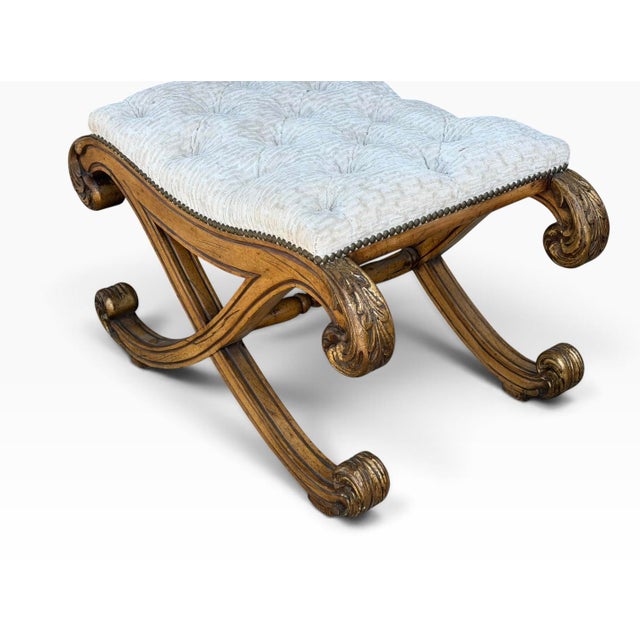1990s 18c Style Regency Giltwood & Tufted Cut Velvet Footstool Ottoman X Bench For Sale - Image 5 of 5