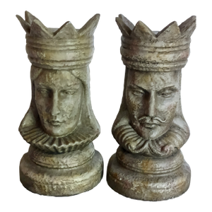 Pair of Vintage Bookends King and Queen Chess Pieces in European Gray Plaster or Ceramic