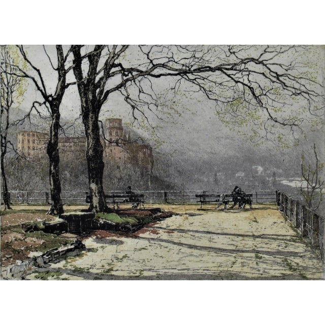 This artwork titled "Hidelberg Terrace, Germany" c.1930 is an original color etching on watermarked Kasimir Vienna wove...
