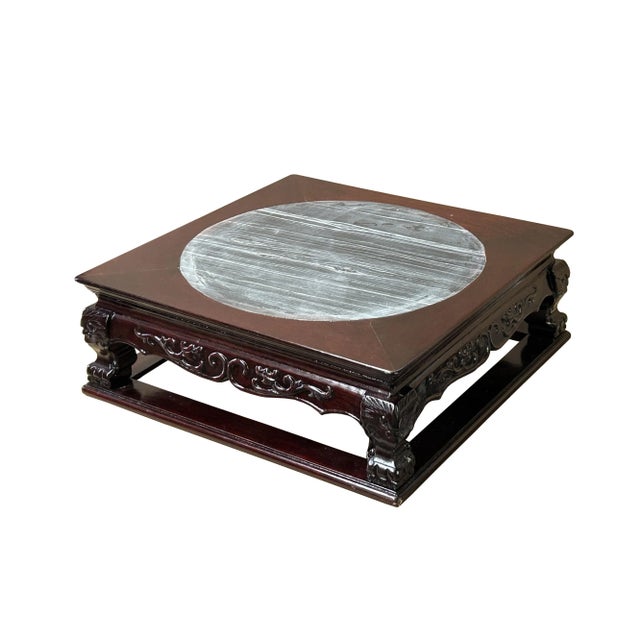 14.5" Chinese Brown Wood Square Stone Top Vase Stand Display Riser For Sale - Image 4 of 8