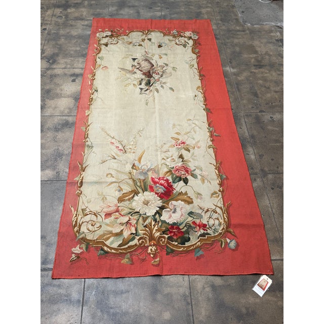 French 1920s French Aubusson Floral Tapestry With Bird and Red Border For Sale - Image 3 of 8