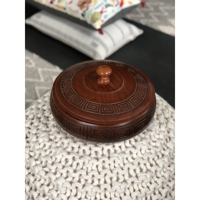 Mid-Century Modern Vintage Mid-Century Modern Turned Wood Lidded Box With Greek Key Design For Sale - Image 3 of 10