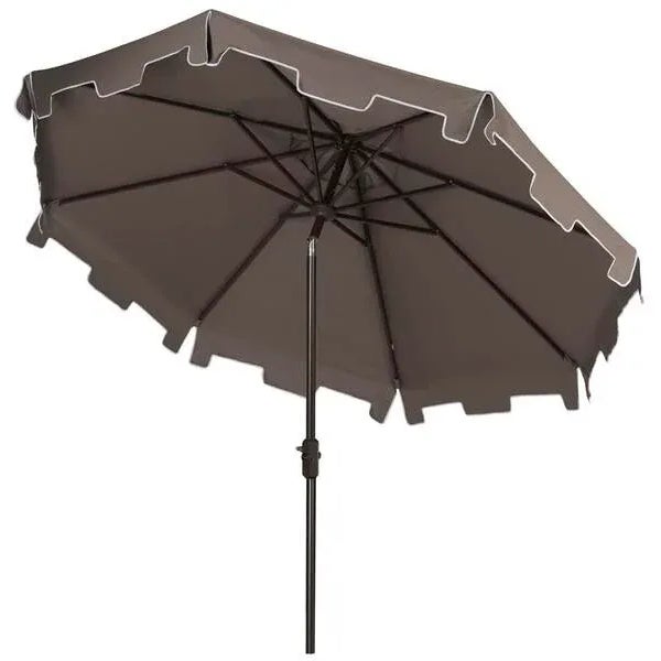 A classic market umbrella gets a chic makeover in forever-fashionable grey with a stylish valance for extra sun protection...