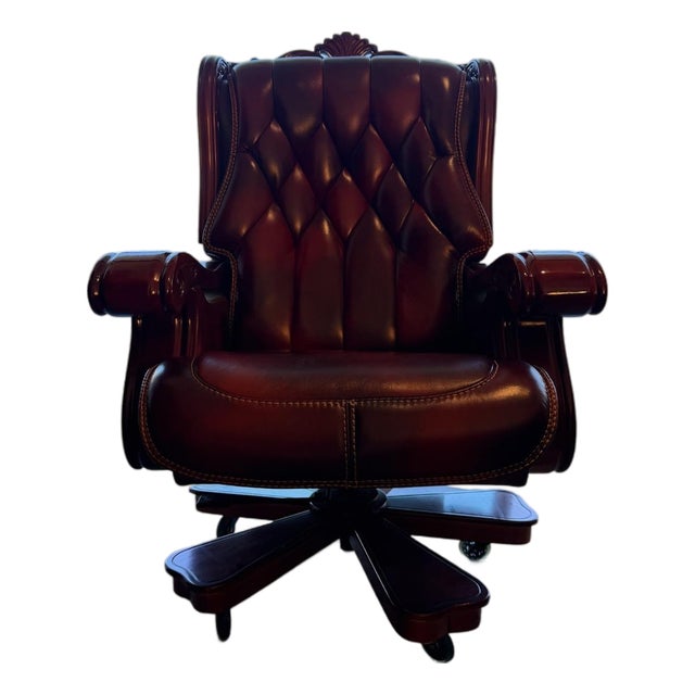 Vintage Presidential Tufted Oxblood Leather & Mahogany Reclining Executive Swivel Office Chair For Sale