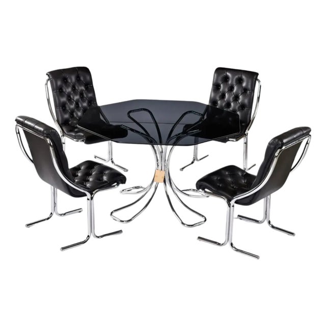 1970s Post Modern Black and Chrome Dining Set With Daystrom Scoop Chairs For Sale