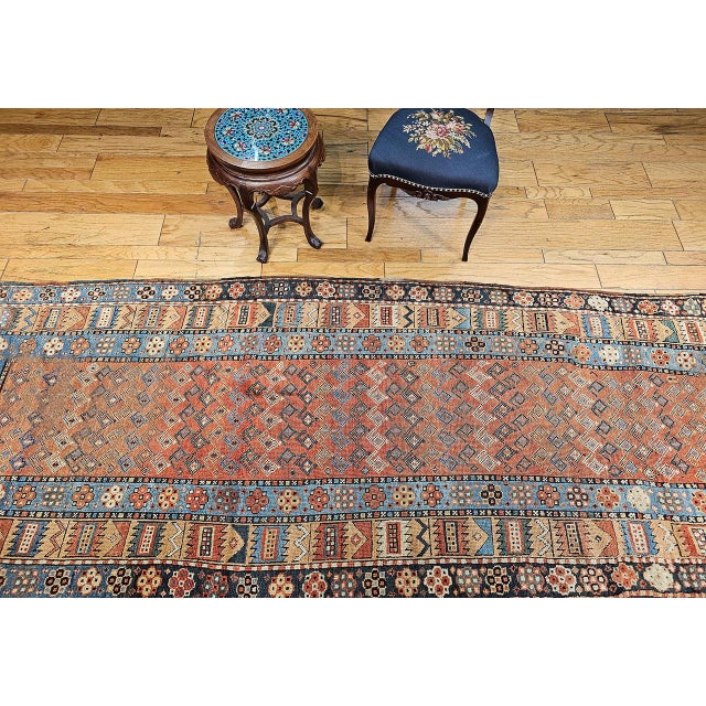 19th Century 19th Century Persian Kurdish Wide Runner Rug, Hand-Knotted Wool, Allover Paisley Pattern, Terracotta & Blue, 4x12 For Sale - Image 5 of 15