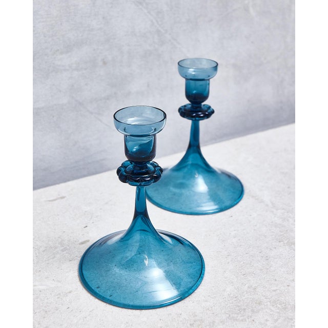 Orrefors Mid Century Blue Glass Orrefors Swedish Candlestick Pair For Sale - Image 4 of 15