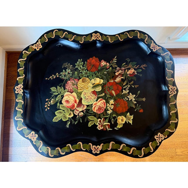 Vintage Chinoiserie Black Neiman Marcus Black Hand Painted Floral Tray Table For Sale - Image 4 of 12