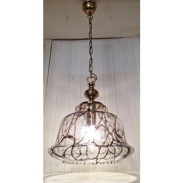 1970s Vintage Ceiling Lamp with Purple-Brown Marbled Clear Glass Shade with on Brass Mount For Sale - Image 5 of 7