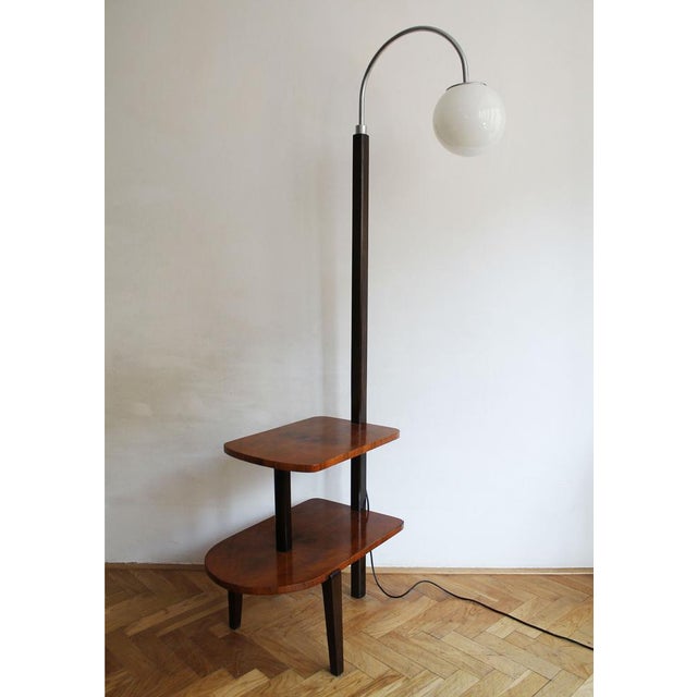 Modernist Floor Lamp in Glass, Wood, and Steel with Shelves, 1950s For Sale - Image 15 of 16