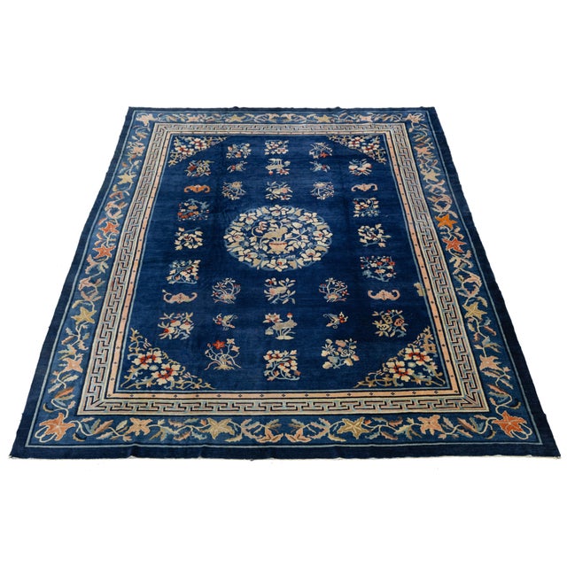 Textile Antique Chinese Wool Rug – Blue Field, Floral Medallion, Early 20th Century For Sale - Image 7 of 11