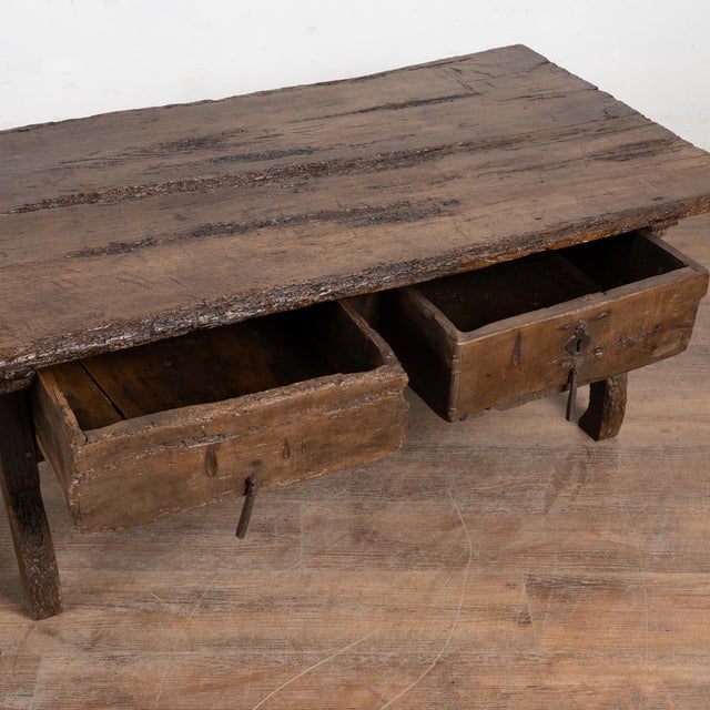18th Century Rustic Dark Oak Coffee Table With Two Drawers For Sale - Image 6 of 18