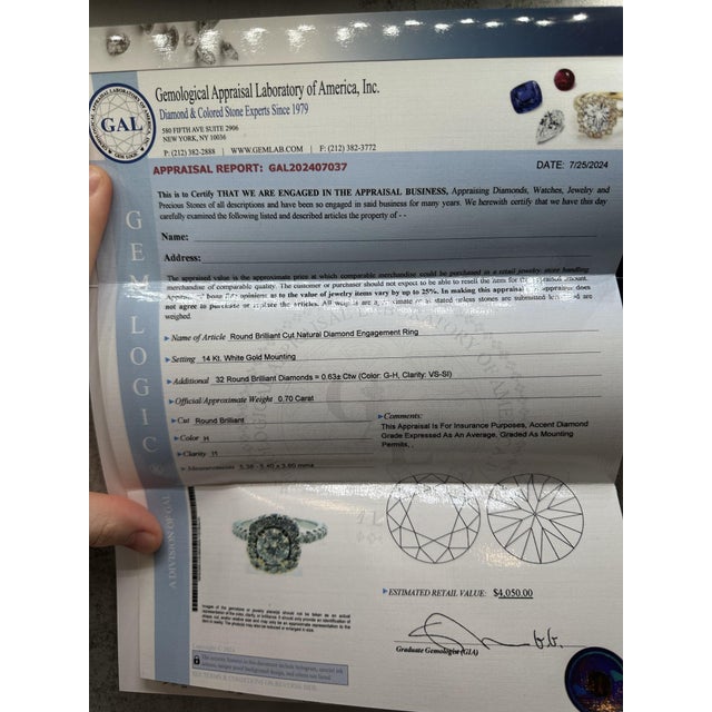 Metal Appraised Natural Diamond Engagement Ring in 14kt White Gold - 1.33 CTW, Size 5.75 For Sale - Image 7 of 7