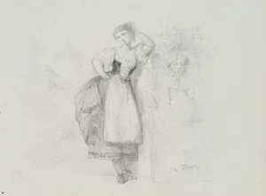 Posing Traditional Costume Girl at the Fountain, 19th-Century, Pencil