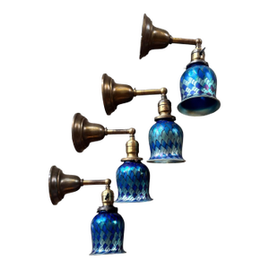1970s Signed Orient and Flume Pulled Feather Pattern Art Glass Shades on Old Brass Sconces, Original Patina - Set of 4