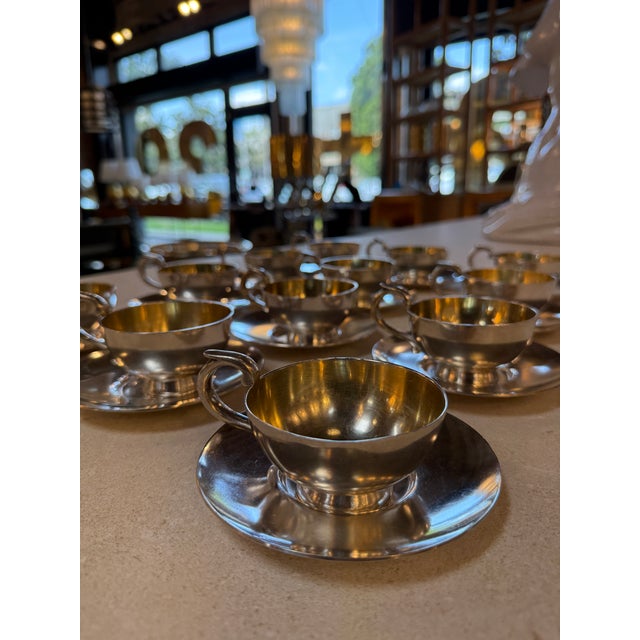 Italian Silver-Plate Tea Cup and Saucer Set, 12 Pieces, Mid-Century For Sale - Image 12 of 17