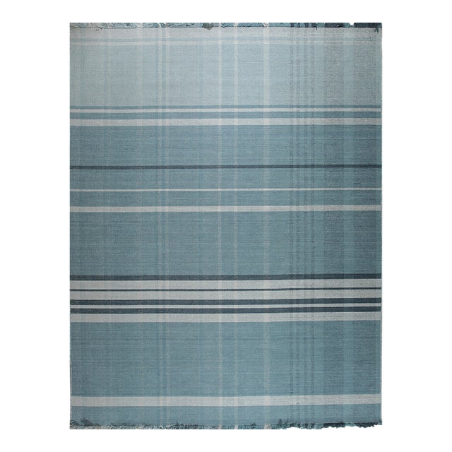 10x14 Opulent Majestic Blue Geometric Modern Flatweave Wool Carpet Rug For Sale