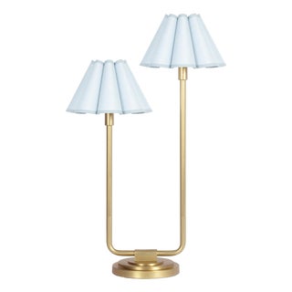 Polly Double Arm Table Lamp, Natural Brass with Mist Blue Scalloped Shade For Sale