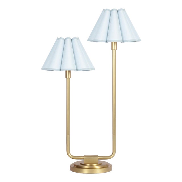 Polly Double Arm Table Lamp, Natural Brass with Mist Blue Scalloped Shade For Sale