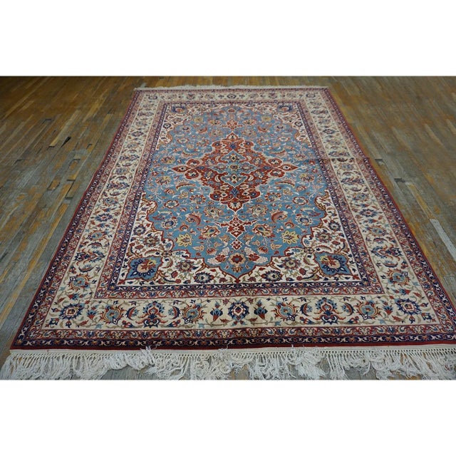 1940s Classic Blue Ground Medallion Vintage Isfahan Silk Foundation Carpet Rug For Sale In New York - Image 6 of 9