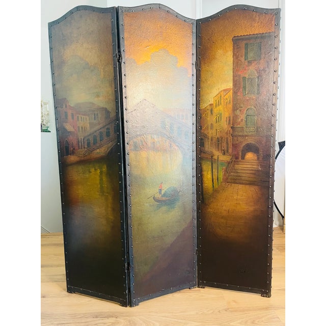Antique Italian Ponte Rialto Handpainted Parchment Leather Floor Screen For Sale - Image 4 of 18