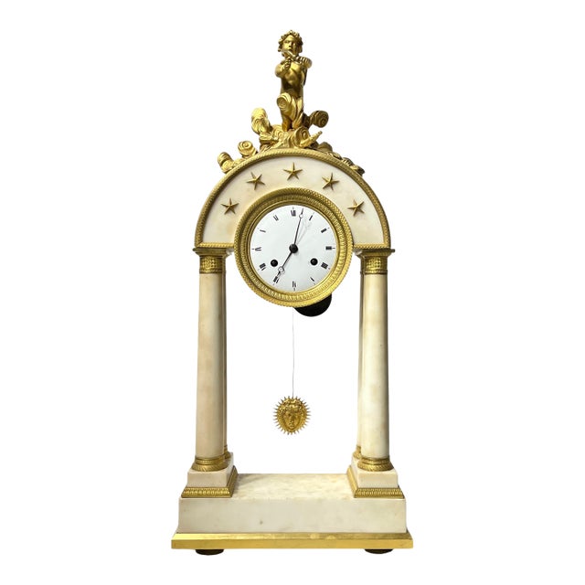 19th Century French Empire Ormolu Bronze and White Marble Portico Clock For Sale