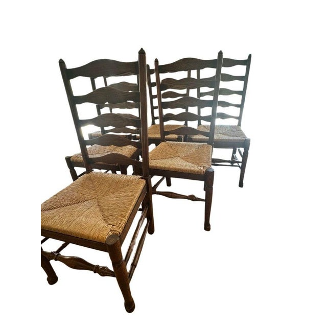 French Country Vintage Ladderback Side Dining Chairs With Rush Seats - Set of 6 For Sale - Image 3 of 17