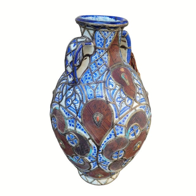 Filigree Vase, Ceramic, Leather, Enamel, and Metal, 19th Century - Safi, Morocco Materials: Ceramic, enamel, and filigree...