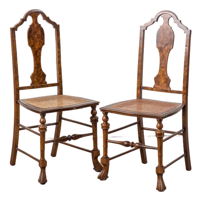 Pair of 19th Century Burl Walnut Hand Tied Cane Seat Chairs For Sale