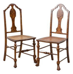 Pair of 19th Century Burl Walnut Hand Tied Cane Seat Chairs