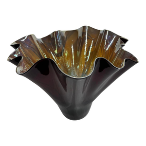 Dan Bergsma Deep Red Gold Iridescent Art Glass Wave Bowl Vase 18”