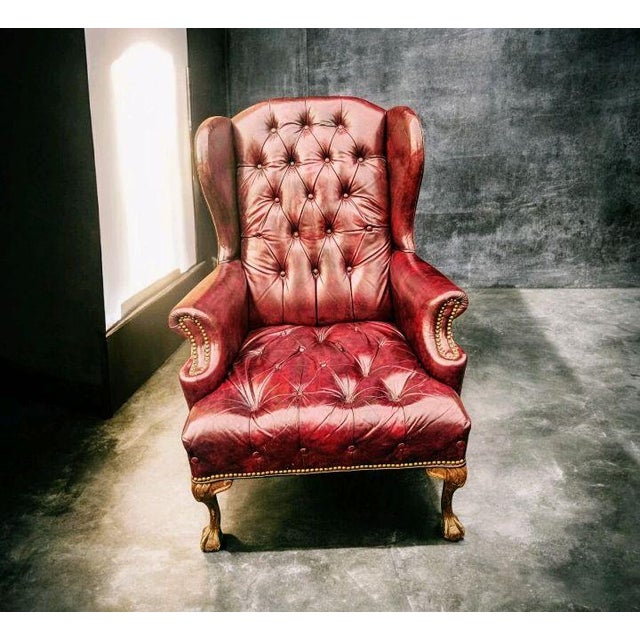 Wood 1990s Chesterfield Leather Wingback Chair With a Matching Ottoman by Ethan Allen For Sale - Image 7 of 12