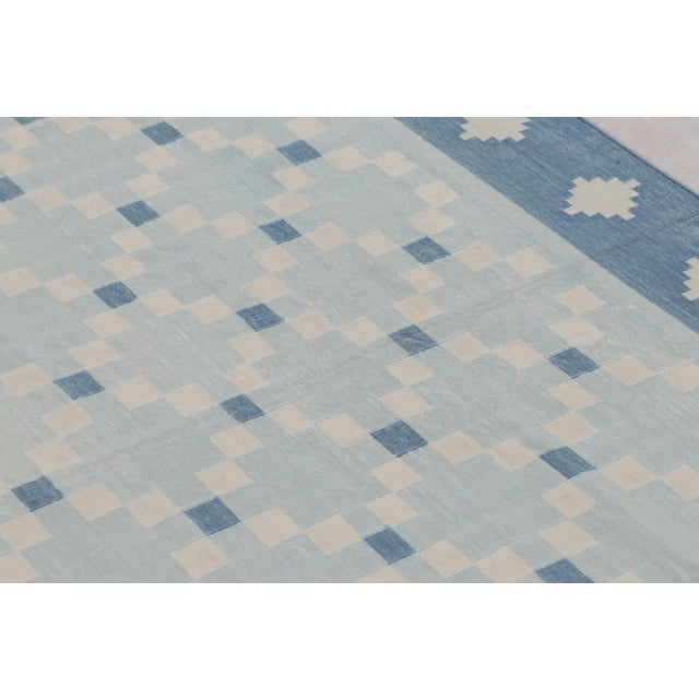 2010s Rug & Kilim’s Indian Dhurrie Rug in Sky Blue and Cream Geometric Mosaic For Sale - Image 5 of 10