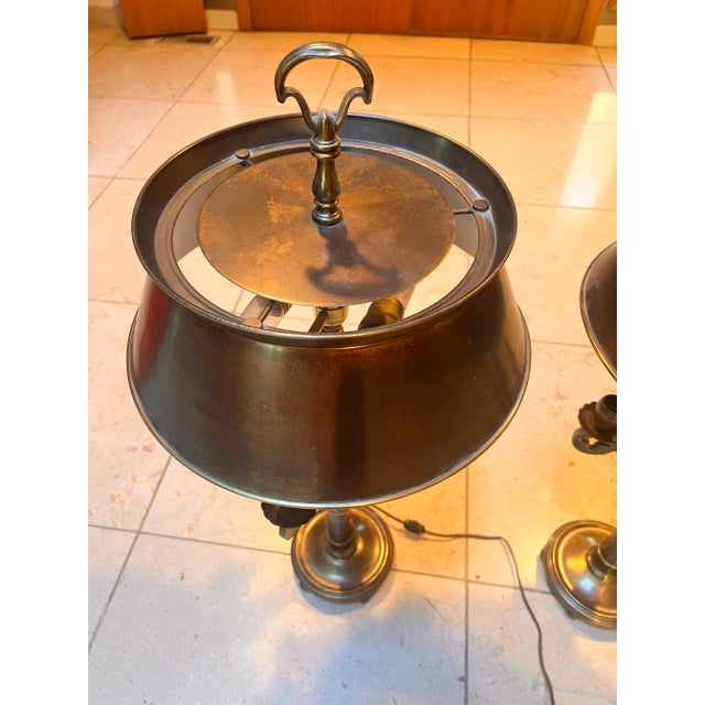 Mid 20th Century Pair of Frederick Cooper Bouillotte Table Lamps – Brass With Tôle Shades, 30” Tall For Sale - Image 6 of 9