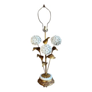 Vintage Mid 20th Century Italian Hollywood Regency Style Tole Hydrangea Lamp With Marble Base For Sale